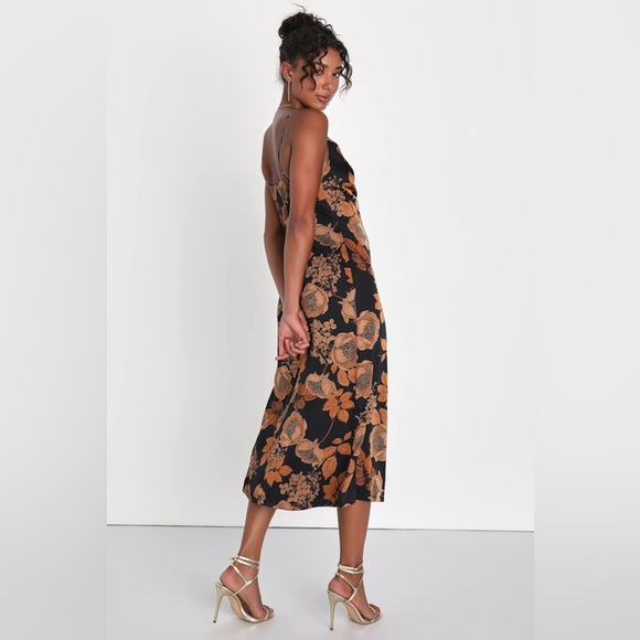 LULU’S FAVORITE ICON FLORAL SATIN COWL NECK SLIP MIDI DRESS - Picture 2 of 13